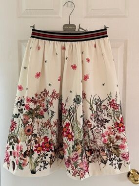 Kim’s boutique: Floral Ivory Midi Skirt with Striped Waistband
